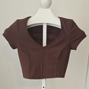 Offline By Aerie Chic Brown V-Neck Crop Top